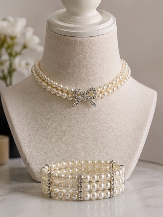 Talbots Jewelry - Talbots Faux Pearl Choker‎ Necklace & Bracelet Set | Rhinestone Bow | Bridal